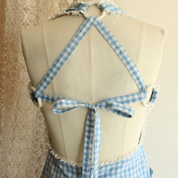 Vintage 1970s Dress with Pockets, Blue Gingham Prairie Maxidress Pinafore - Picture 8 of 10